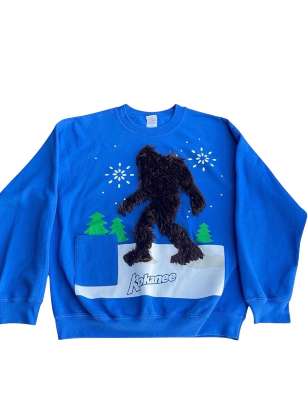 Vintage (80s) Gildan Royal Blue Kokanee Sasquatch Crewneck Holiday Top (L)